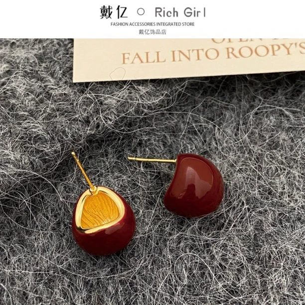 铜合金耳饰 法式滴釉相思红豆耳钉港风简约红色复古百搭耳环