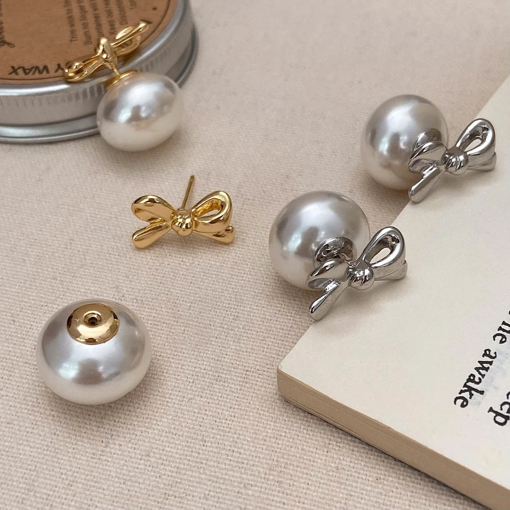 铜合金耳饰 两戴蝴蝶结ins馒头珠耳钉小众温柔简约气质百搭