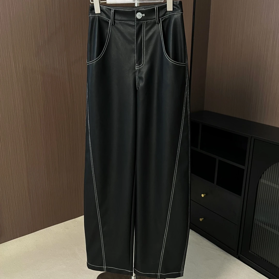 海宁正品皮裤女休闲百搭宽松阔腿裤设计师显瘦高腰拖地长裤子8067