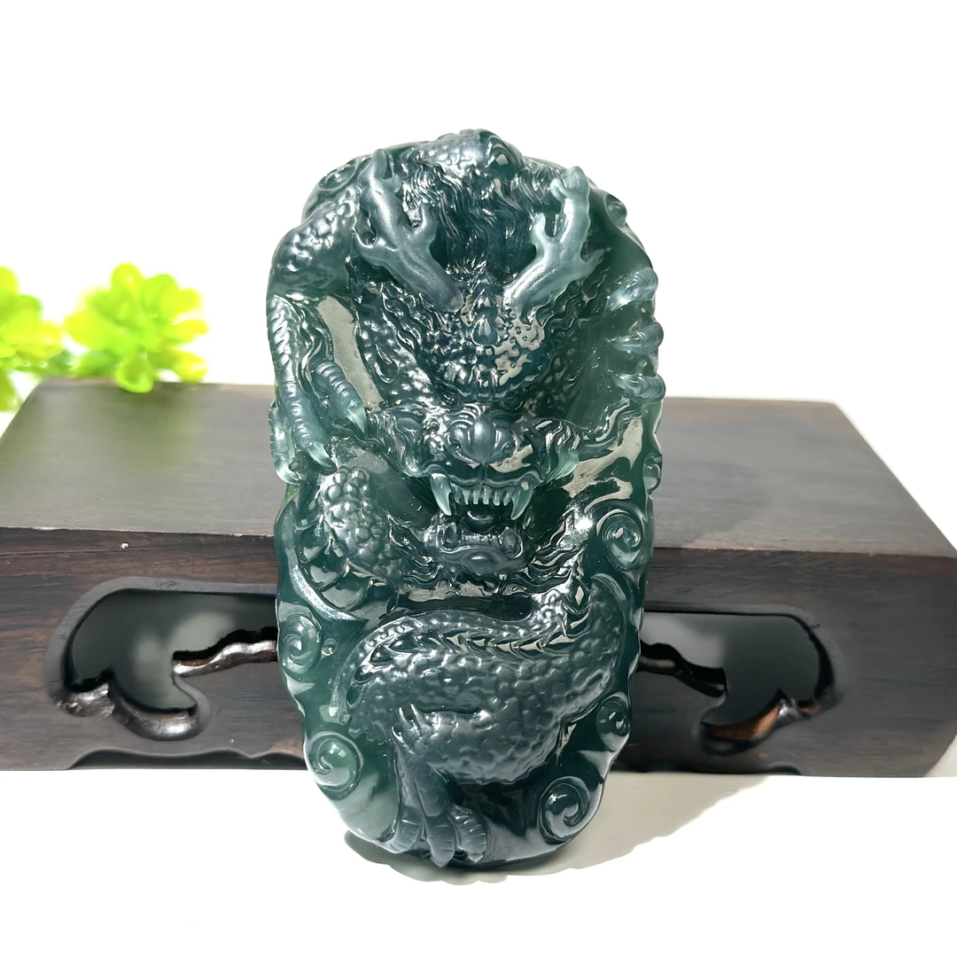 【传世经典翡翠】天然A货翡翠冰种老蓝黑立体精雕龙牌吊坠