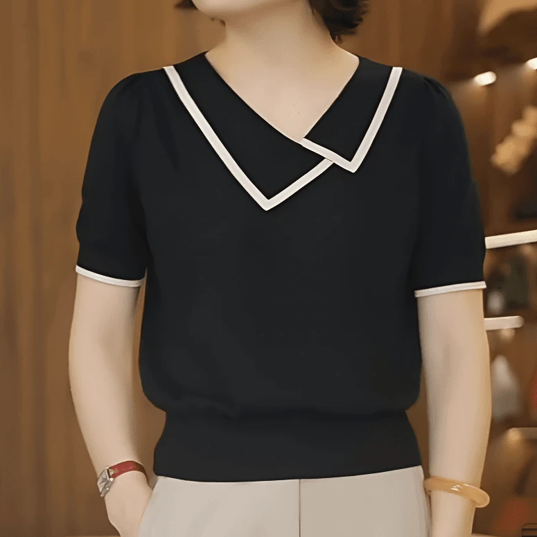 【100%莱赛尔天丝】设计师款百搭短袖针织衫女夏季遮肉显瘦气质上衣