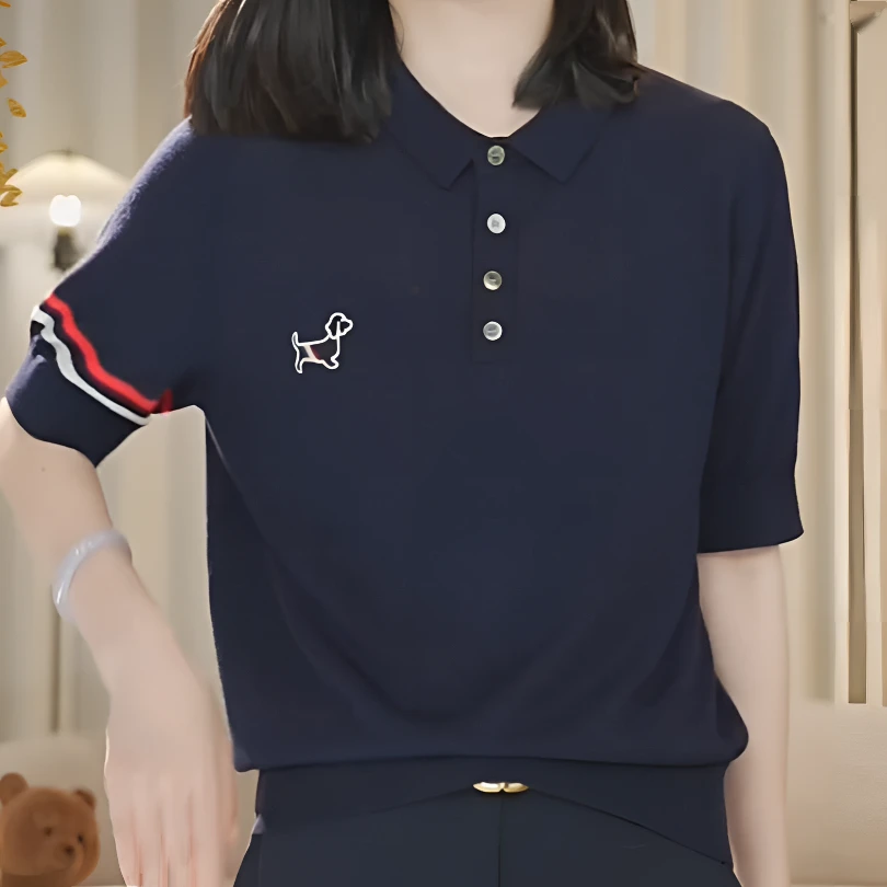 【100%莱赛尔天丝】新款小狗绣花翻领针织短袖女夏季收腰显瘦龄上衣