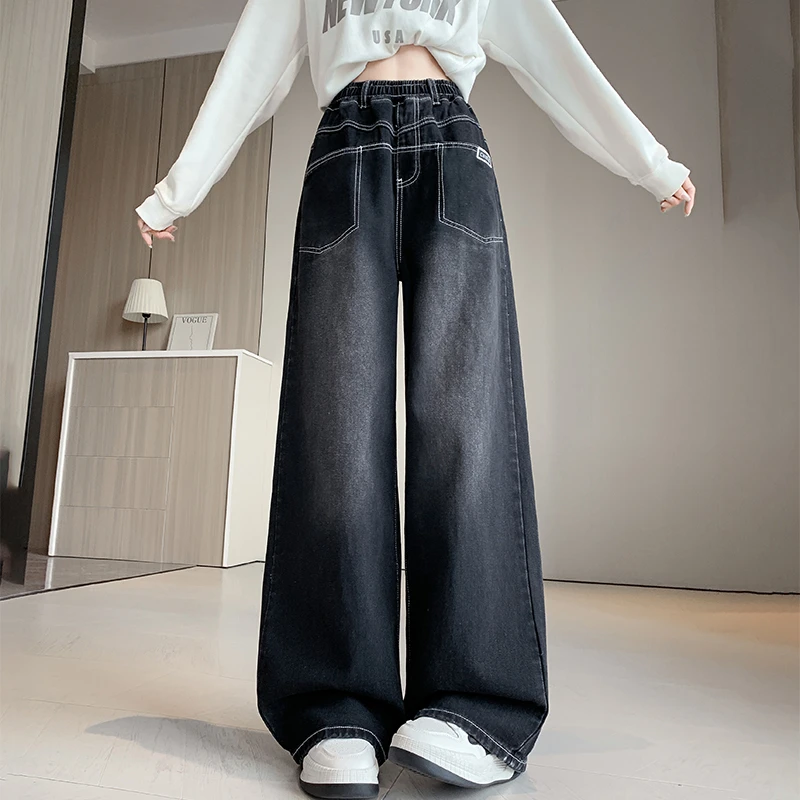 胖mm大码2024新款黑色牛仔裤女款高腰阔腿裤子秋冬显瘦长裤松紧腰