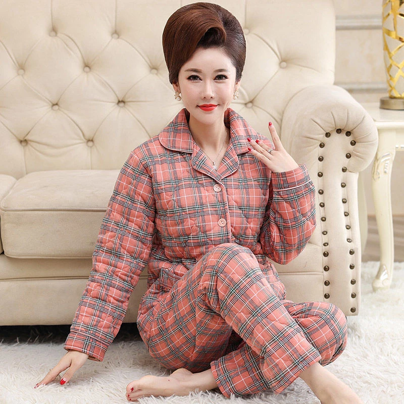 冬天睡衣女棉质套装加厚三层夹棉袄妈妈秋冬季中老年人居家服大码
