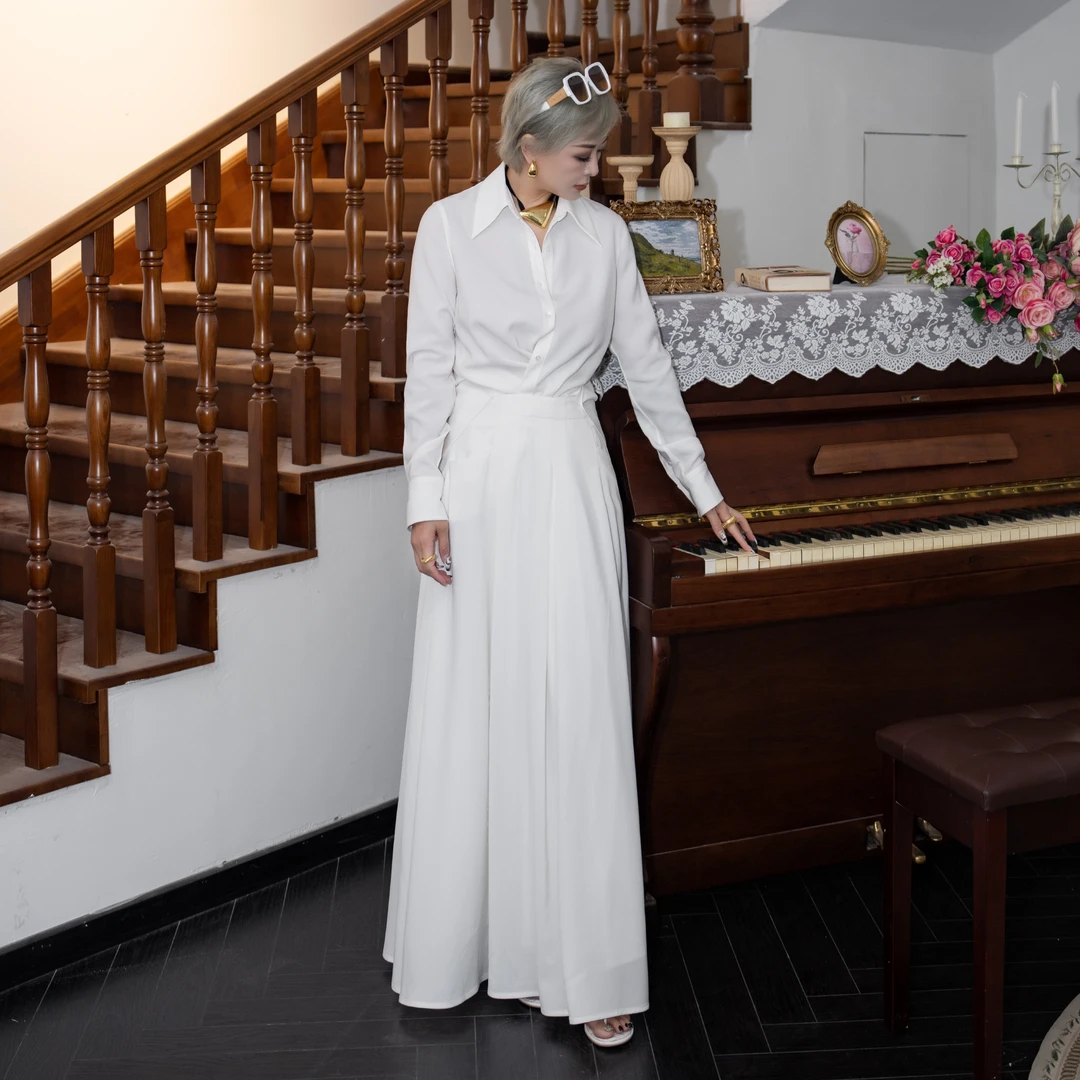 Qtime&早秋休闲时尚白色套装宽松衬衫半身裙（23280982）