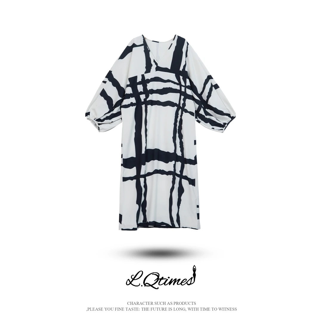 【彤姐】Qtime&春款连衣裙高级感格纹渲染宽松舒适长裙（23181259）