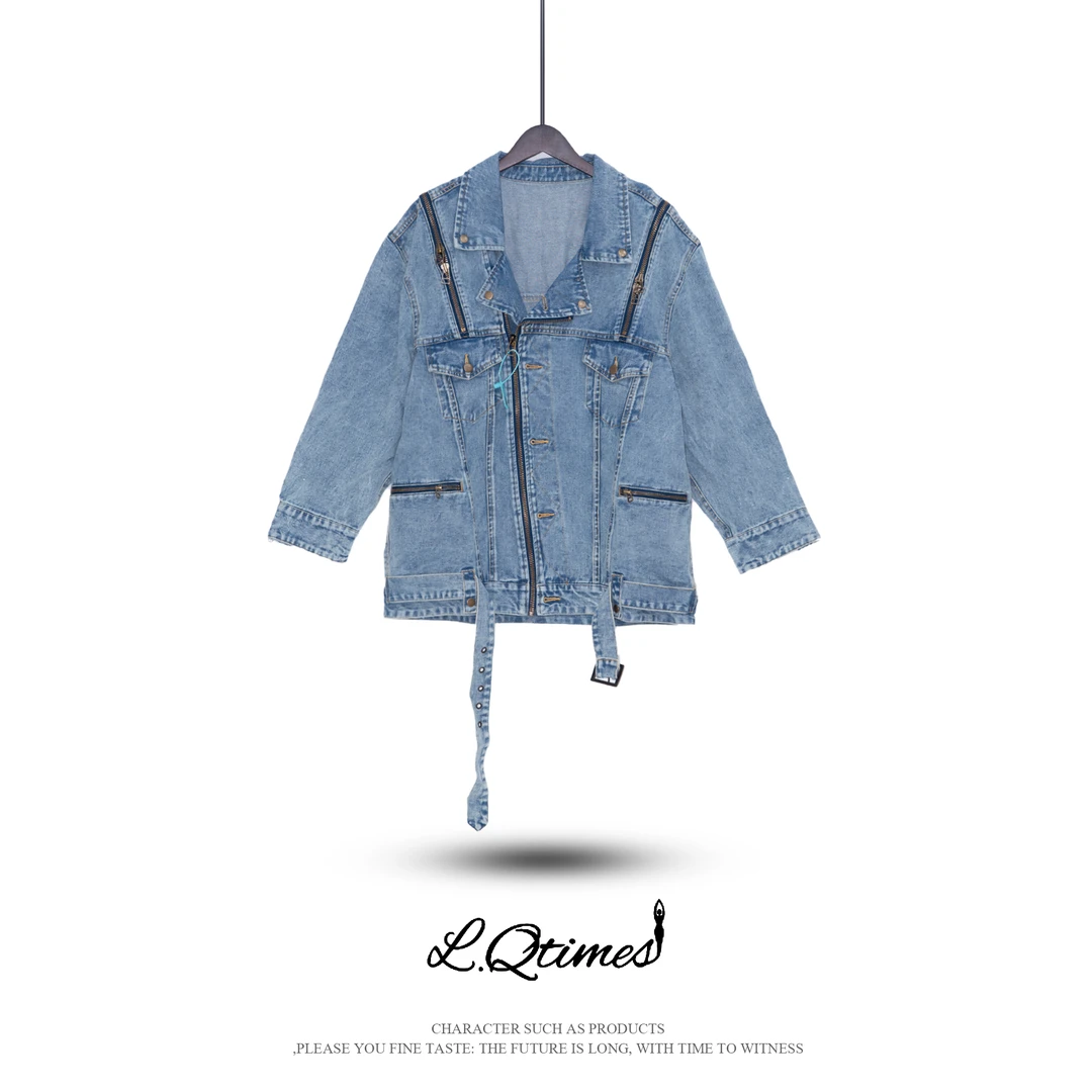 【彤姐】Qtime&拉链露肩百搭宽松水洗长袖夹克牛仔外套(W2022010)
