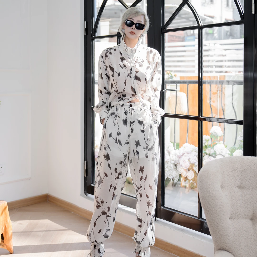 Qtime&早秋高级感时尚印花套装宽松遮肉显瘦上衣裤子（23291352）