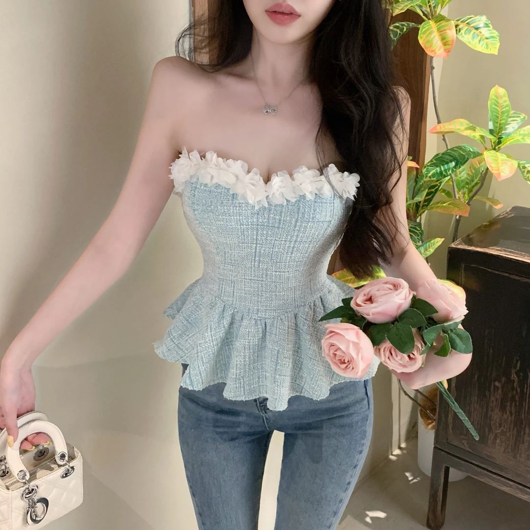 法式小香风抹胸背心女生夏季甜辣妹修身花边小众别致短款上衣外穿