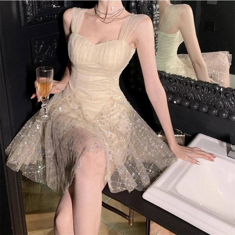 法式性感仙女裙宴会名媛裙子吊带亮片礼服连衣裙高端轻奢平时可穿