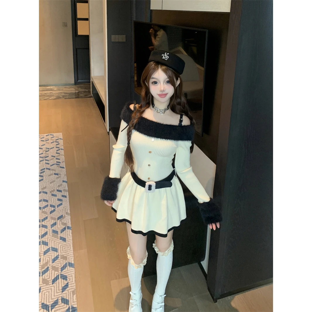 辣妹一字肩长袖针织女装连衣裙新款气质短裙设计感百搭减龄高腰女