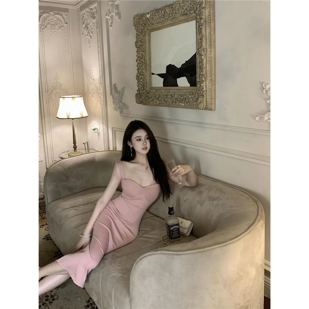 御姐长款吊带连衣裙名媛性感修身后开叉黑色气质裙子夏季新款女装