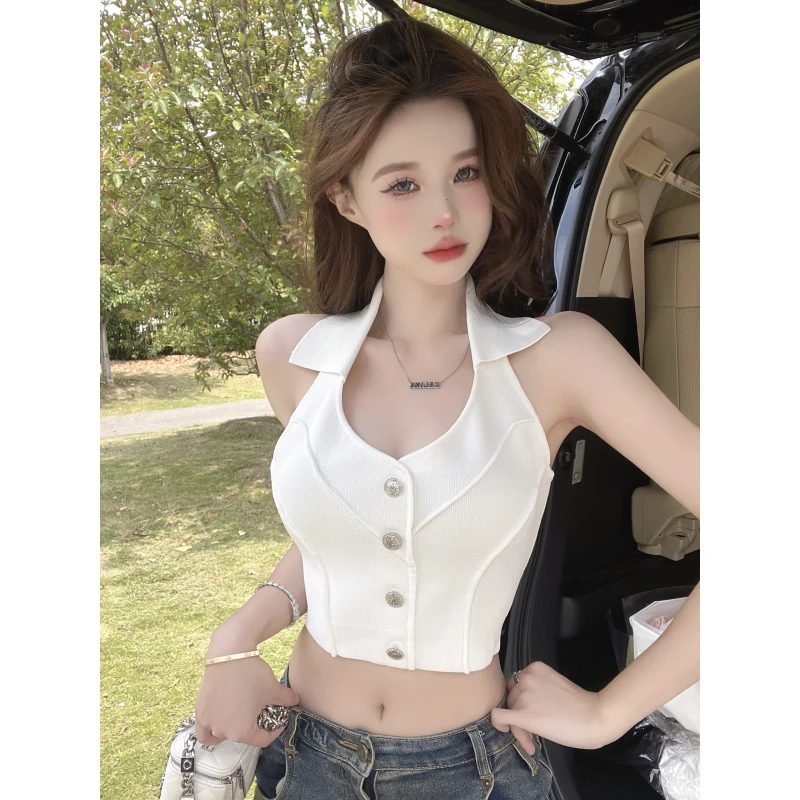 吊带POLO领露背外穿式背心夏季纯欲辣妹针织上衣短款显瘦流行美背