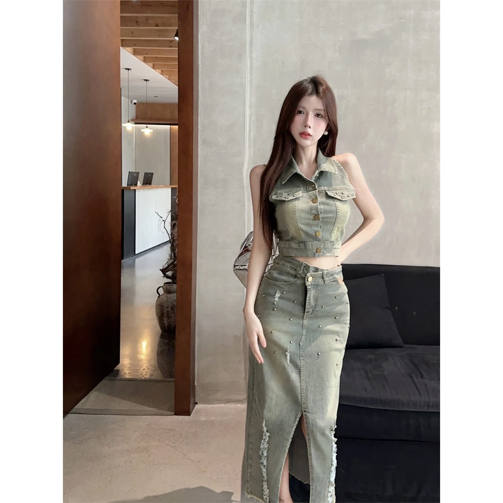 美式小众别致复古牛仔辣妹挂脖背心高腰修身开叉毛边半身长裙女装