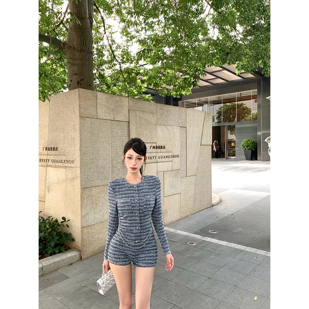 法式小香风名媛气质别致修身显瘦长袖高腰连体裤送腰带女秋季新款