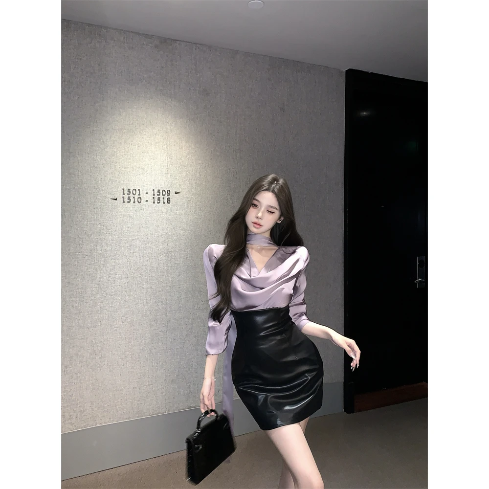 法式紫色缎面御姐荡领PU皮连衣裙女秋设计感拼接气质长袖包臀短裙