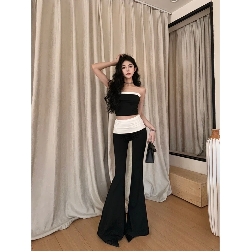 辣妹抹胸上衣黑色套装女2025新款时尚喇叭休闲裤设计感小众两件套