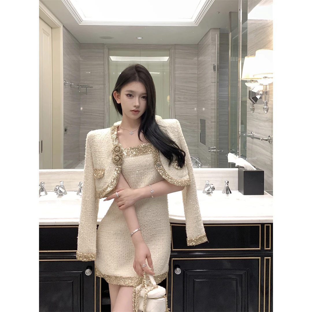 韩版气质小香风套装女秋季玫瑰花朵粗花呢外套包臀吊带连衣裙套装