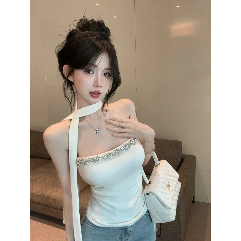 法式时尚烫钻抹胸飘带背心女秋季带胸垫显瘦修身内搭裹胸上衣气质