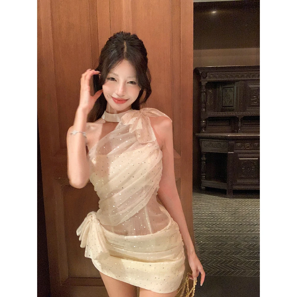 韩版气质小众银色包臀腰部透视设计感挂脖蝴蝶点法式女夏季新款