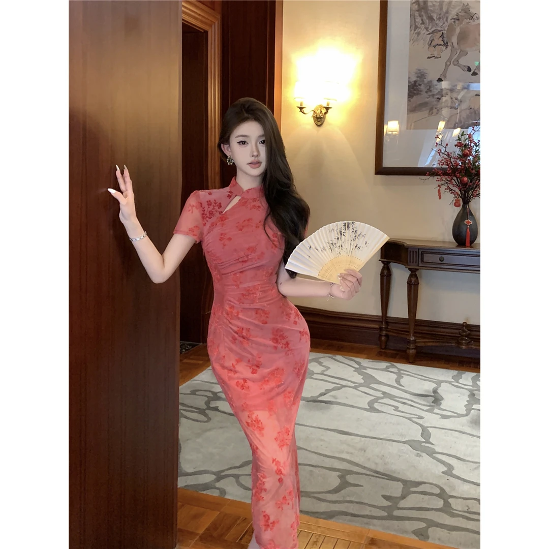 气质复古性感新中式短袖网纱改良旗袍碎花修身显瘦包臀连衣裙女装