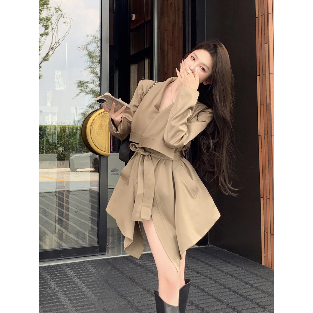 气质复古性感不规则大翻领设计宽松时尚风衣外套女装显瘦秋季休闲