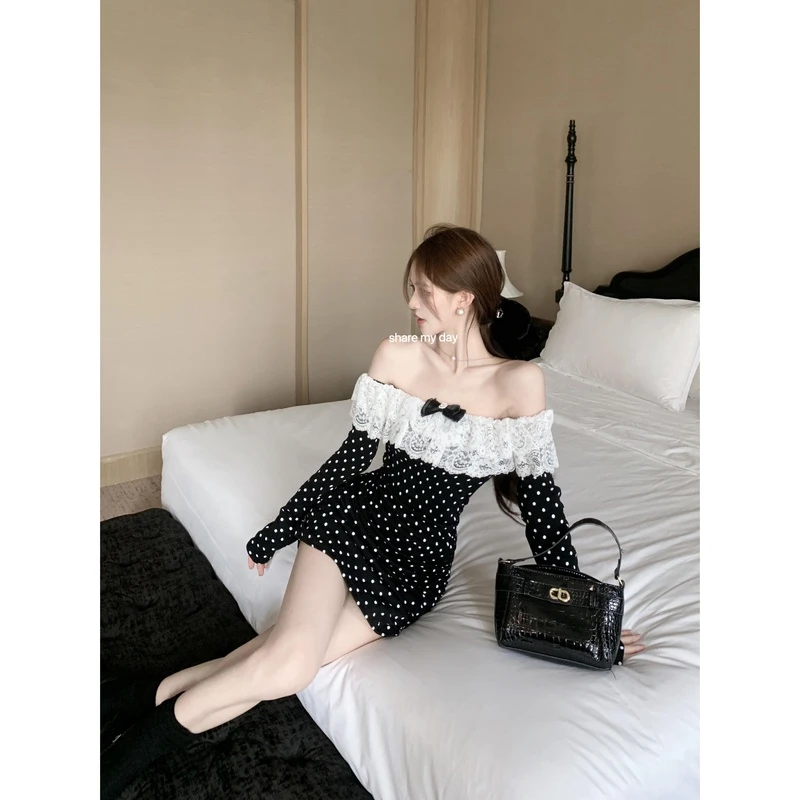 蝴蝶结小个子印花波点修身短款连衣裙蕾丝边收腰一字肩T恤裙女装