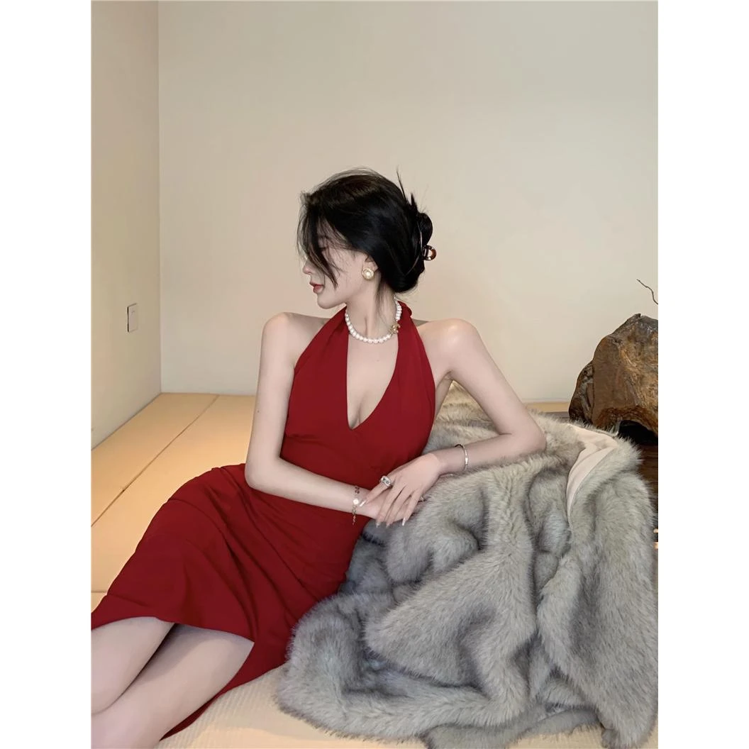 御姐名媛气质樱桃红色V领无袖收腰开叉包臀挂脖吊带连衣裙女礼服