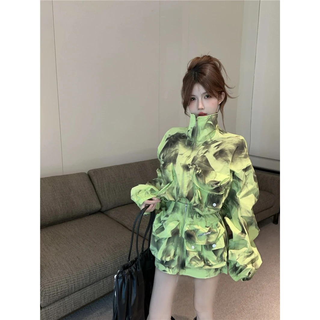 别致绝美时尚辣妹防晒套装复古脏脏色喷墨工装大口袋外套短裙女