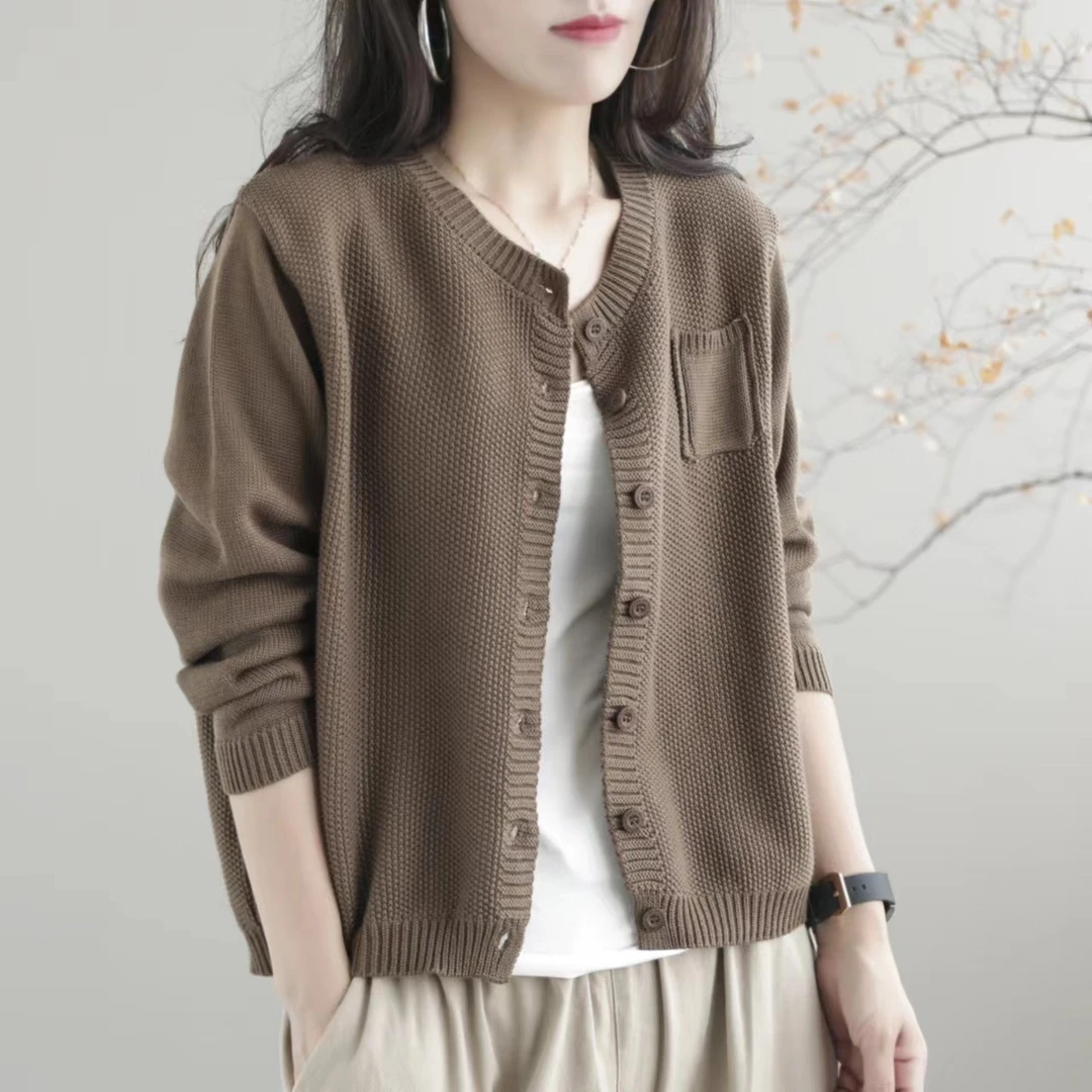 棉线外套秋季新款文艺纯色圆领小口袋单排扣长袖针织开衫女百搭