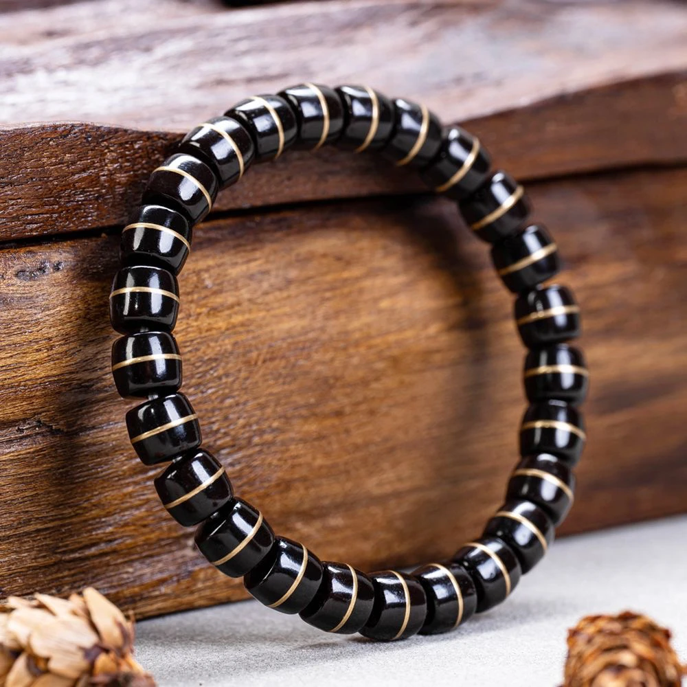 印尼老料椰蒂手串一线药师单圈文玩直切黑金椰蒂镶铜原生态原色