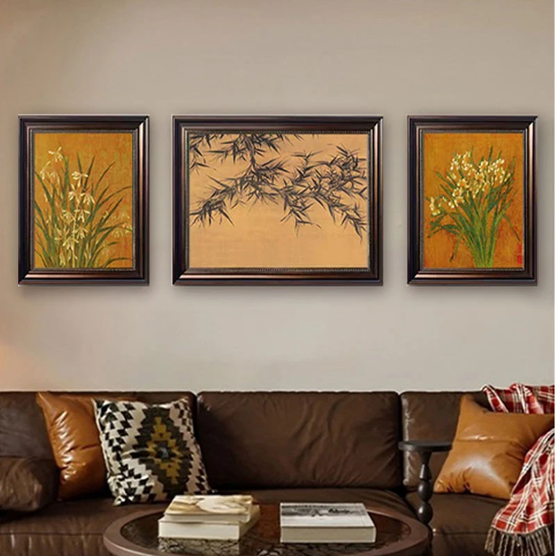 中古风客厅装饰画美式复古沙发背景墙挂画大气高级感植物三联壁画