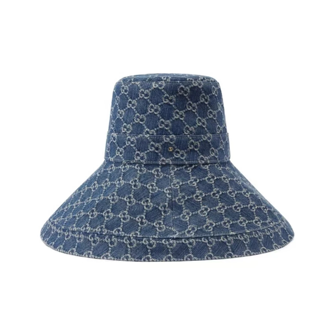 未使用 GUCCI/古驰 女款经典老花满印丹宁蓝色大渔夫帽遮阳帽