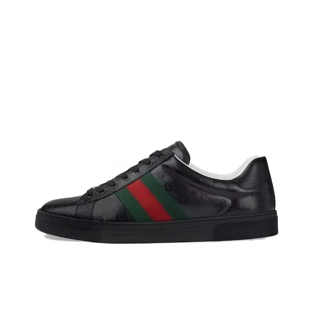 未使用 GUCCI/古驰 女款黑色亮皮ACE红绿织带老花休闲时尚板鞋
