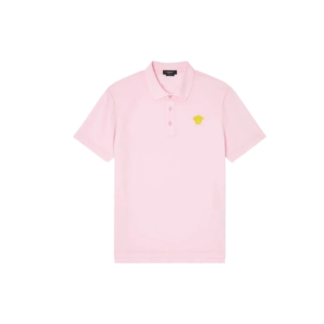 未使用 VERSACE/范思哲 男款Logo刺绣粉色翻领短袖T恤Polo衫