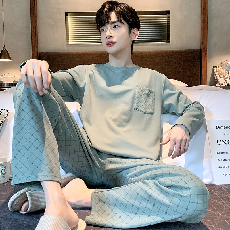 睡衣男士纯棉长袖春秋季青少年男款加肥加大码家居服可外穿秋冬款