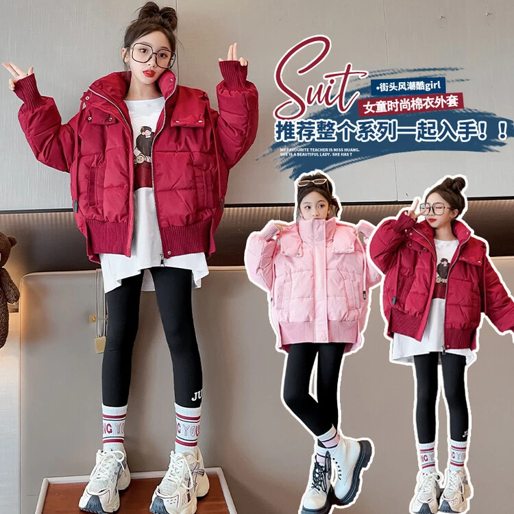 女童加厚棉衣2023新款韩版中大童冬季6-15岁手工棉花防风连帽外套