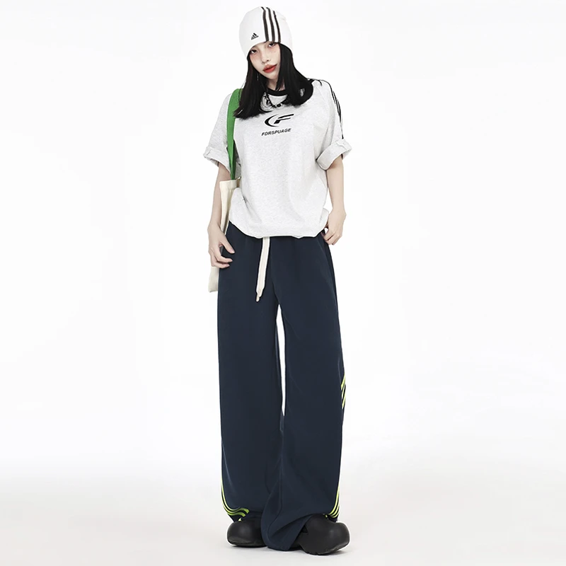 美式撞色竖条纹休闲裤女潮流2024夏季新款三条杠运动束脚阔腿裤女