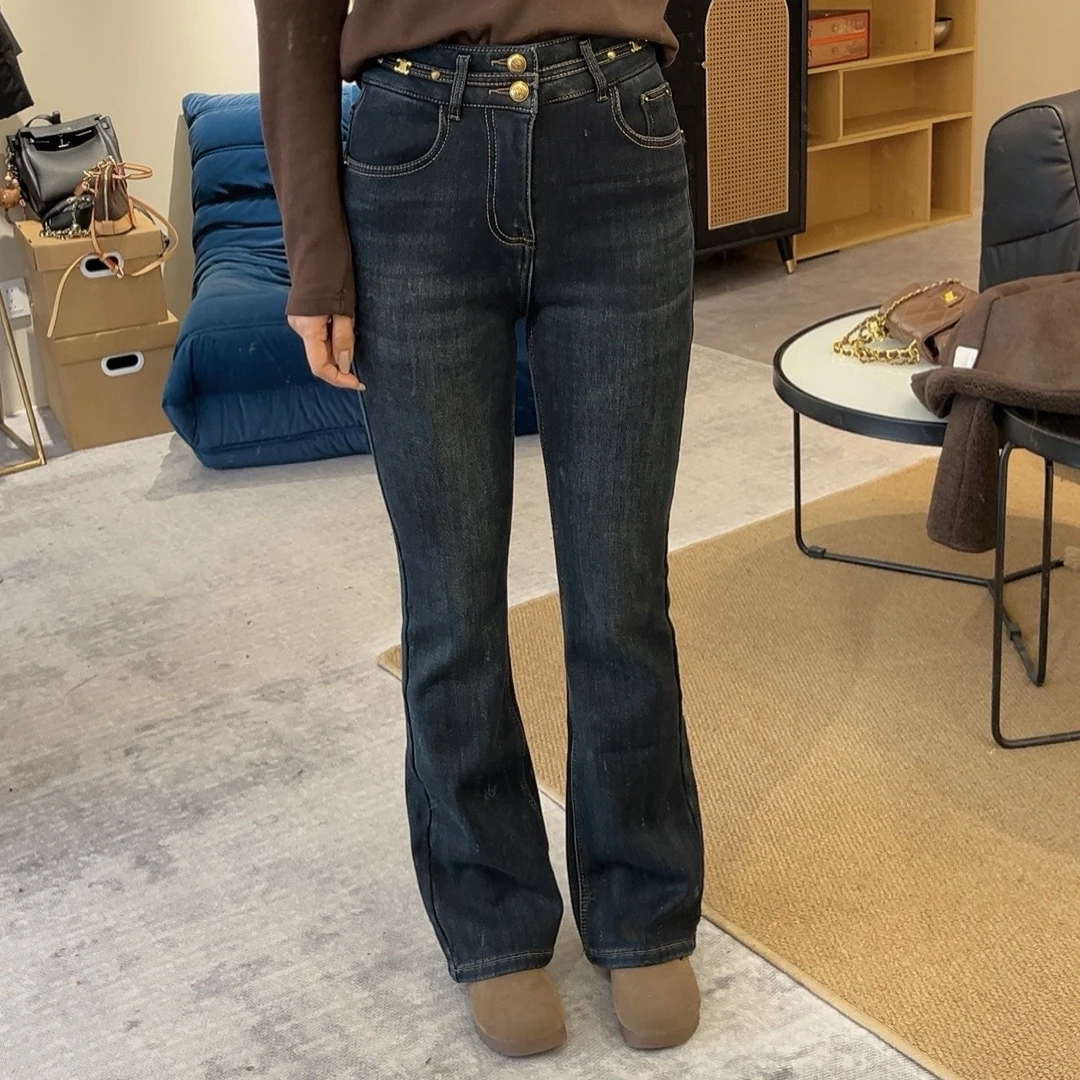 【欧加女装】2024秋冬小个子时尚百搭复古显瘦加绒中高腰牛仔裤W025