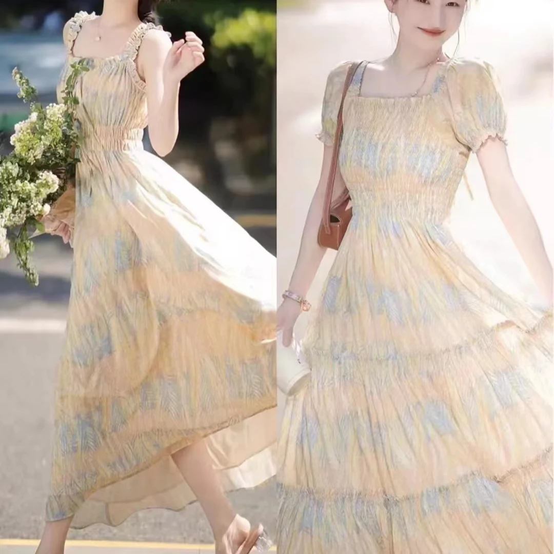2024女装连衣裙碎花显瘦气质时尚夏季法式小众收腰中长款仙女裙