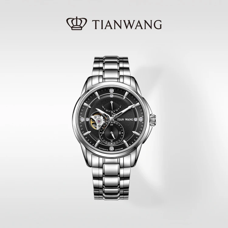 天王表领航系列男士手表商场同款商务自动机械国表黑盘钢带大气