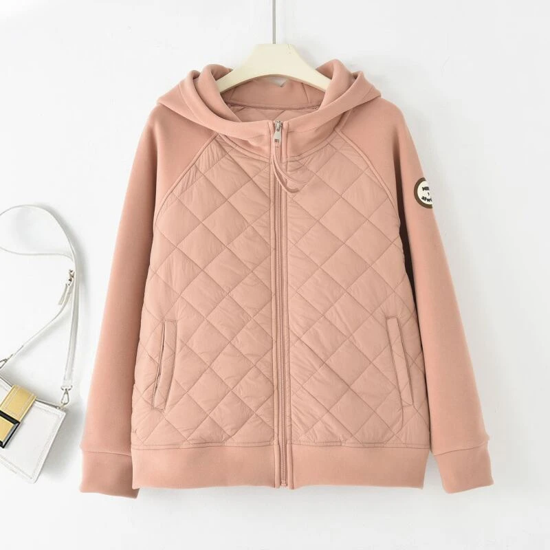 2024冬季新款运动休闲短款加绒女菱形拼接防风加厚拉链棉服-W7777