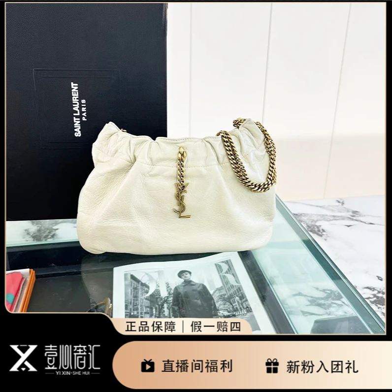 95新 YSL/圣罗兰 白色优雅金扣单肩斜挎包Y66