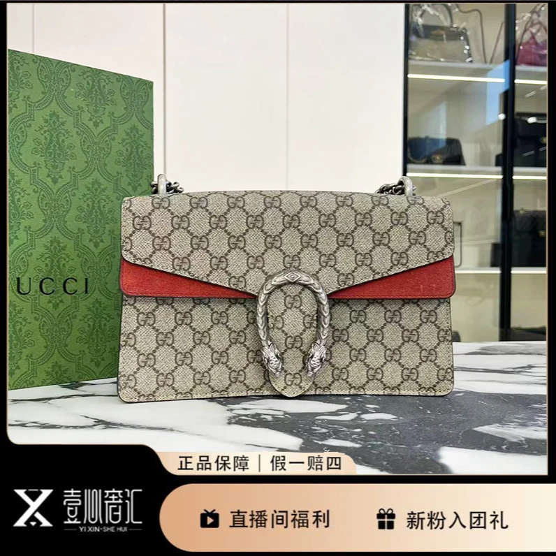 99新 GUCCI/古驰 新款酒神红耳老花中号单肩链条包