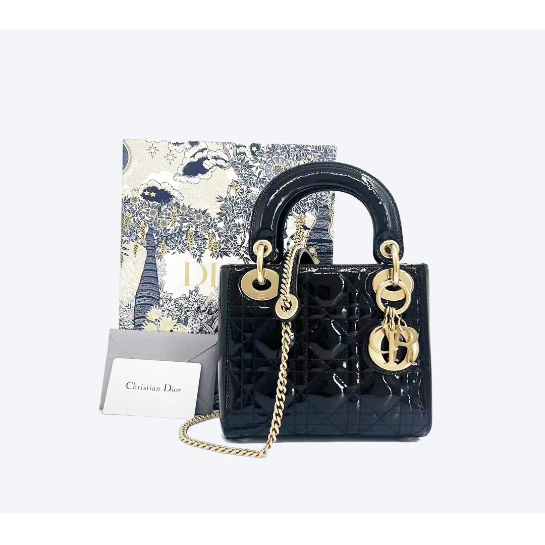 99新 DIOR/迪奥 黑色漆皮戴妃三格黑金手提斜挎包