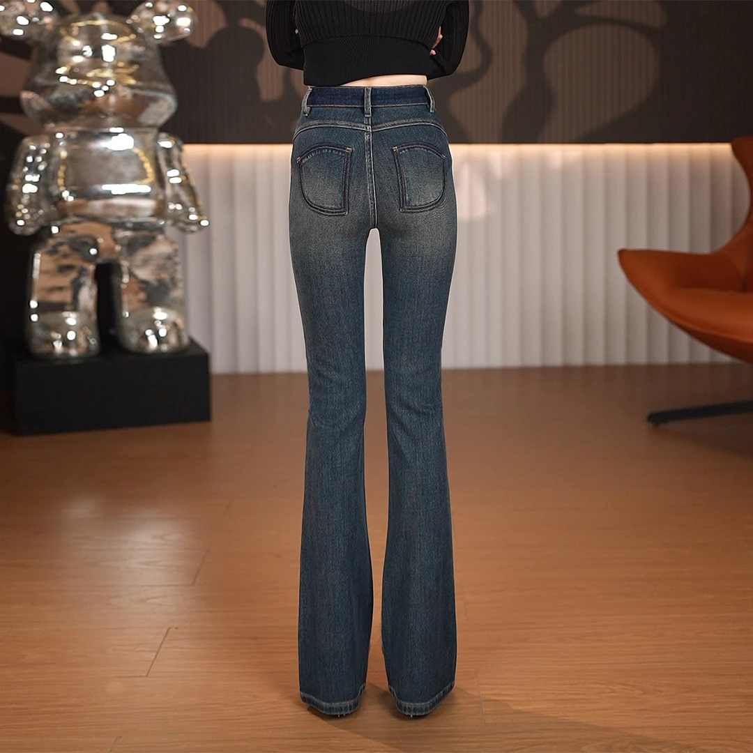 新款撞色设计师款四面弹高腰显瘦休闲蜜桃臀牛仔裤微喇裤喇叭裤女