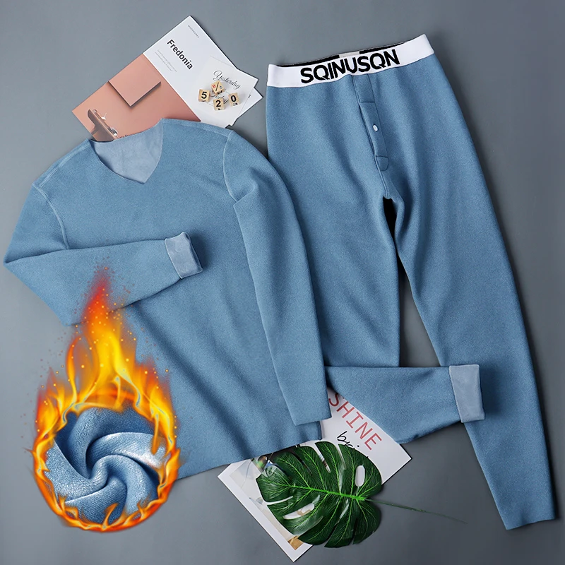 秋冬季纯色男士保暖套装加绒加厚秋衣秋裤学生修身打底衫打底裤男