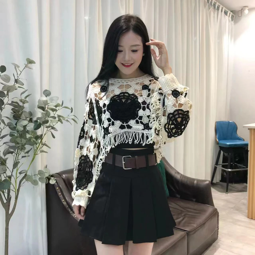 钩花镂空流苏针织衫宽松显瘦薄款上衣设计感防晒长袖罩衫