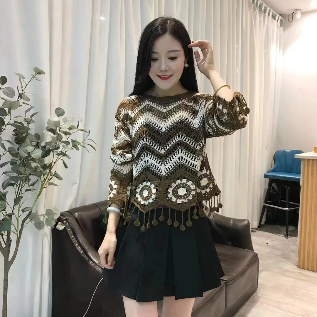 网织钩花镂空波西米亚流苏条纹针织上衣女短款秋冰丝薄款防晒罩衫