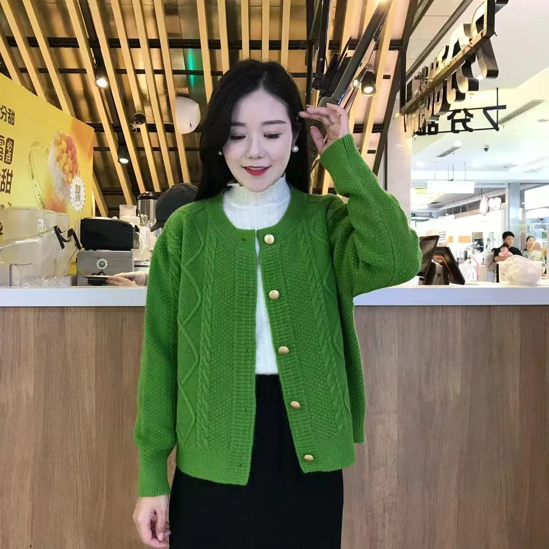 2024秋冬新款毛针织开衫女宽松外穿麻花毛衣外套